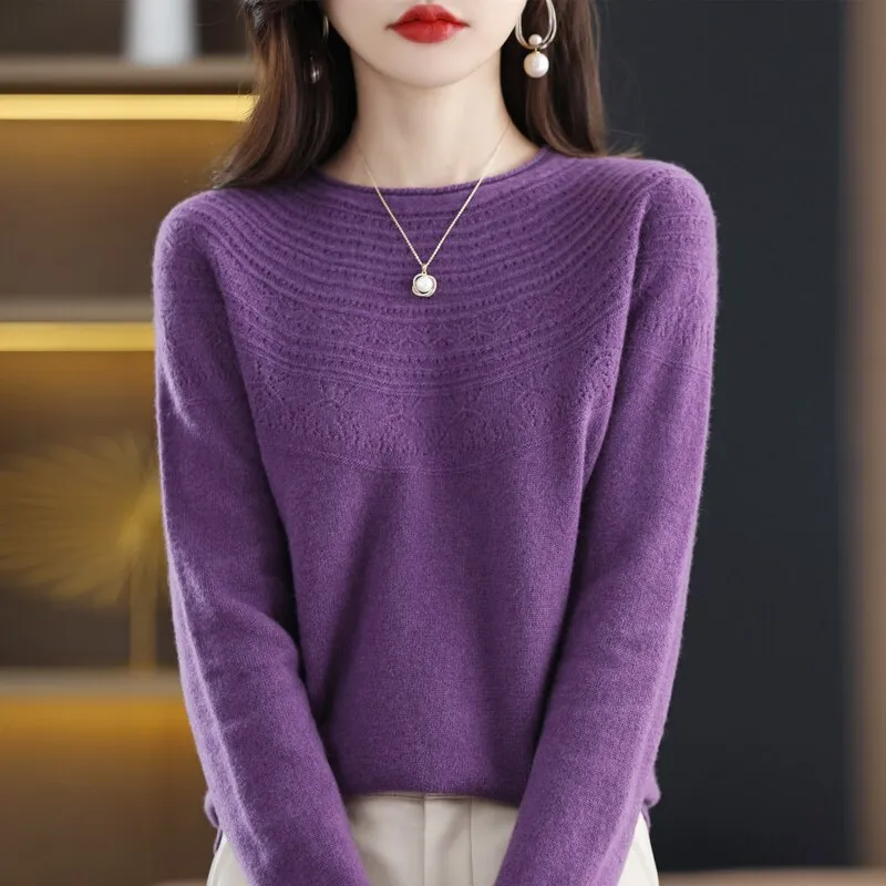100 Wool Classic Round Neck Cutout Sweater Fashion Cutout Loose Long Sleeve Undercoat New Design Taste Popular Sweater Girl