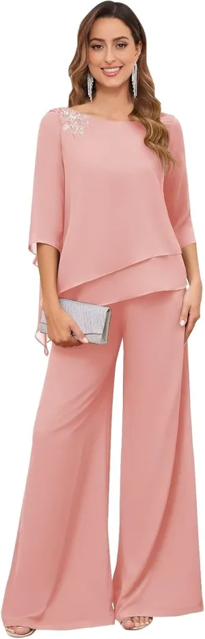 2 Pieces Mother of The Bride Pant Suits for Wedding Dressy Chiffon Lace Sequin Formal Wedding Guest Outfit