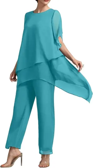 2 Pieces Mother of The Bride Pant Suits with Short Sleeve Chiffon Women Pantsuit Formal Wedding Guest Evening Outfit