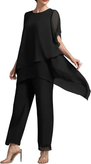 2 Pieces Mother of The Bride Pant Suits with Short Sleeve Chiffon Women Pantsuit Formal Wedding Guest Evening Outfit