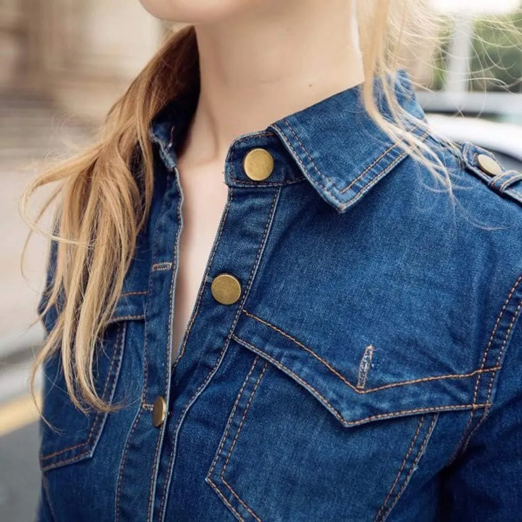2025 Womens Casual Denim Pencil Dress Button Down Lapel Long Sleeve Belted Waist-Defined Jean Dresses with Pockets