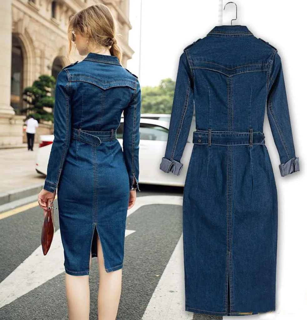 2025 Womens Casual Denim Pencil Dress Button Down Lapel Long Sleeve Belted Waist-Defined Jean Dresses with Pockets