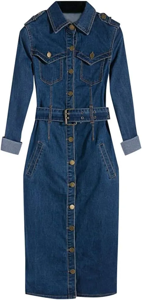 2025 Womens Casual Denim Pencil Dress Button Down Lapel Long Sleeve Belted Waist-Defined Jean Dresses with Pockets