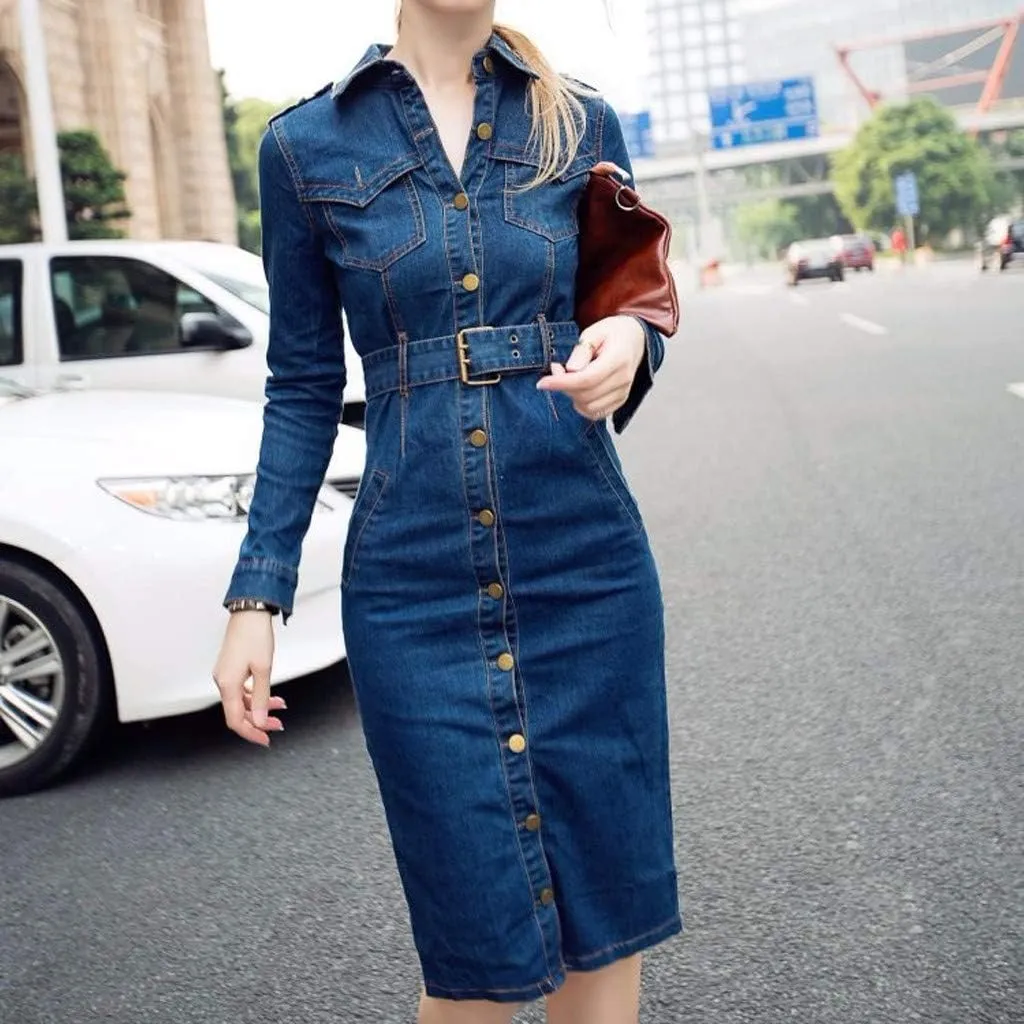 2025 Womens Casual Denim Pencil Dress Button Down Lapel Long Sleeve Belted Waist-Defined Jean Dresses with Pockets