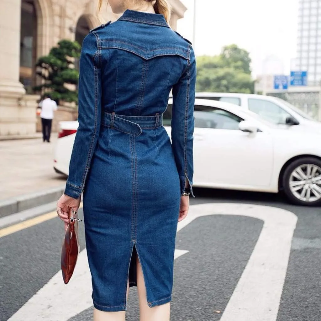2025 Womens Casual Denim Pencil Dress Button Down Lapel Long Sleeve Belted Waist-Defined Jean Dresses with Pockets