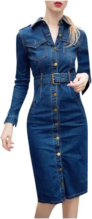 2025 Womens Casual Denim Pencil Dress Button Down Lapel Long Sleeve Belted Waist-Defined Jean Dresses with Pockets