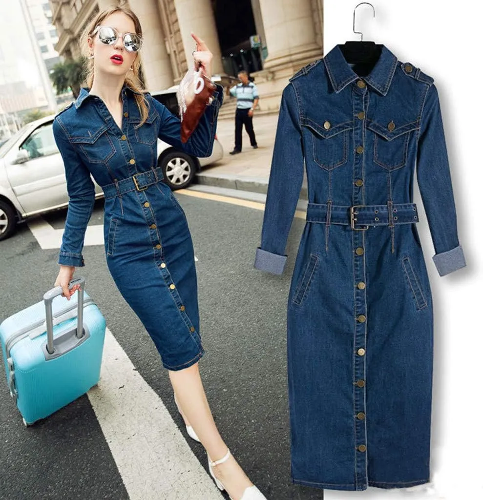 2025 Womens Casual Denim Pencil Dress Button Down Lapel Long Sleeve Belted Waist-Defined Jean Dresses with Pockets