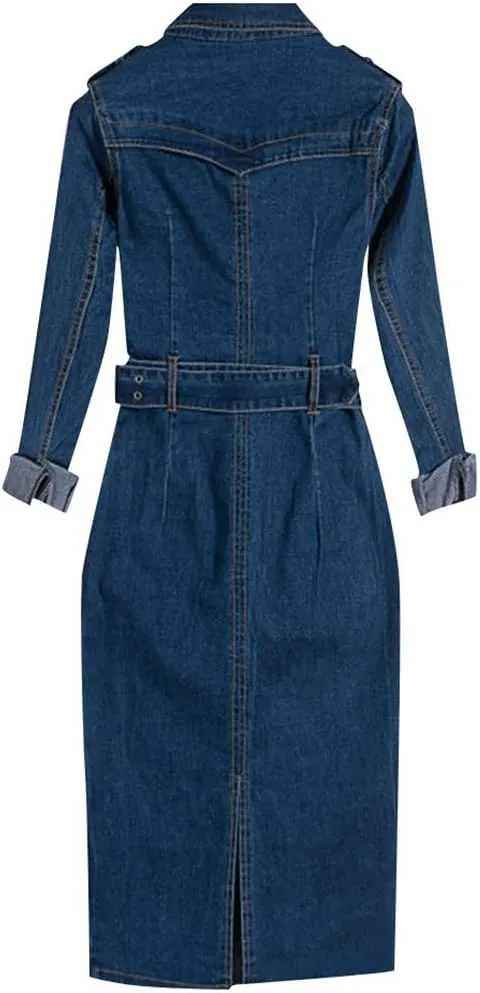 2025 Womens Casual Denim Pencil Dress Button Down Lapel Long Sleeve Belted Waist-Defined Jean Dresses with Pockets