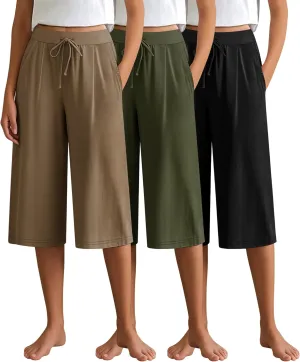 3 Pack Women's Capri Pants, Casual Wide Leg Yoga Pants High Waist Drawstring Cropped Lounge Trousers with Pockets