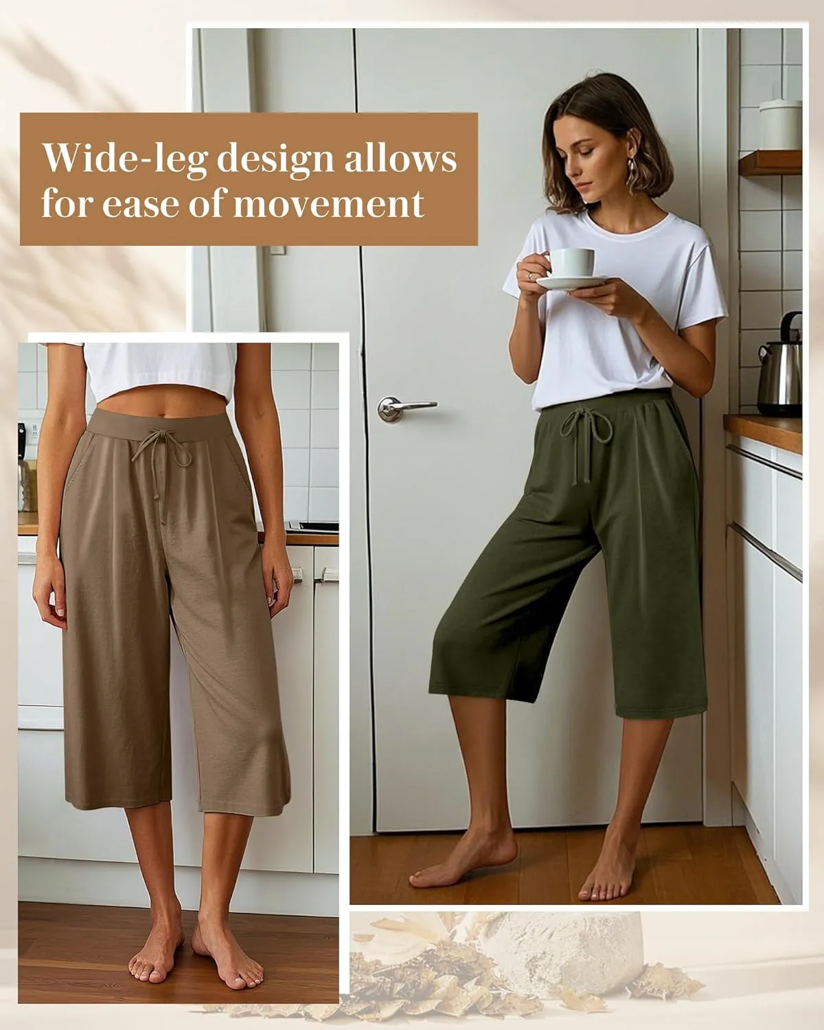 3 Pack Women's Capri Pants, Casual Wide Leg Yoga Pants High Waist Drawstring Cropped Lounge Trousers with Pockets