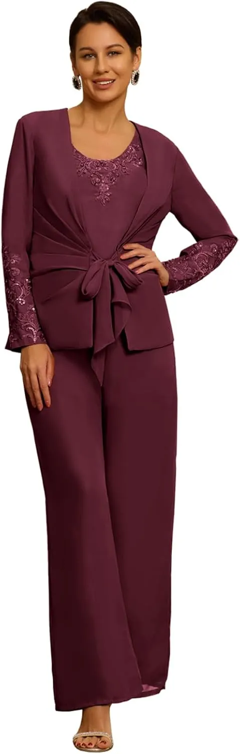3 Piece Formal Pant Suits for Mother of The Bride for Women Wedding Guest Dressy Suit Gown with Jacket