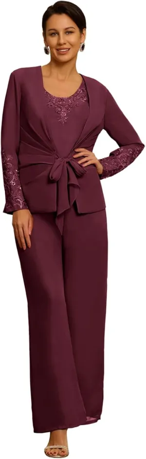 3 Piece Formal Pant Suits for Mother of The Bride for Women Wedding Guest Dressy Suit Gown with Jacket