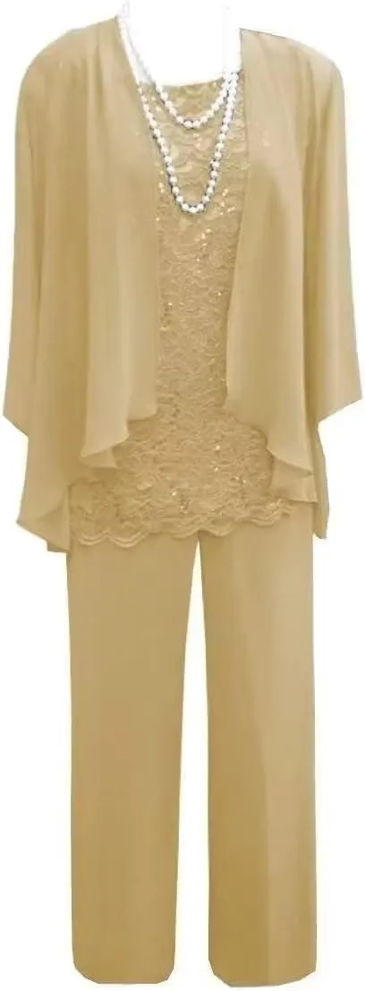3 Pieces Mother of The Bride Pant Suits Lace Chiffon Formal Wedding Guest Dress with Jacket