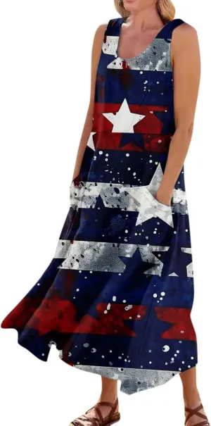 ADHOWBEW 4th of July Dress for Women Loose Fit American Flag Flowy Memorial Days Sleeveless Linen Maxi Dresses with Pockets