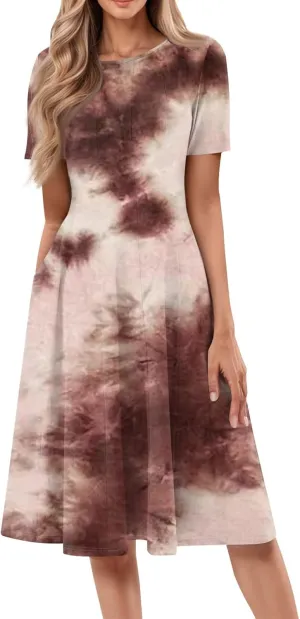 ADHOWBEW Summer Dresses for Women 2025 Vacation Cute Casual Trendy Sexy Loose Fit Beach O Neck Short Sleeve Dresses