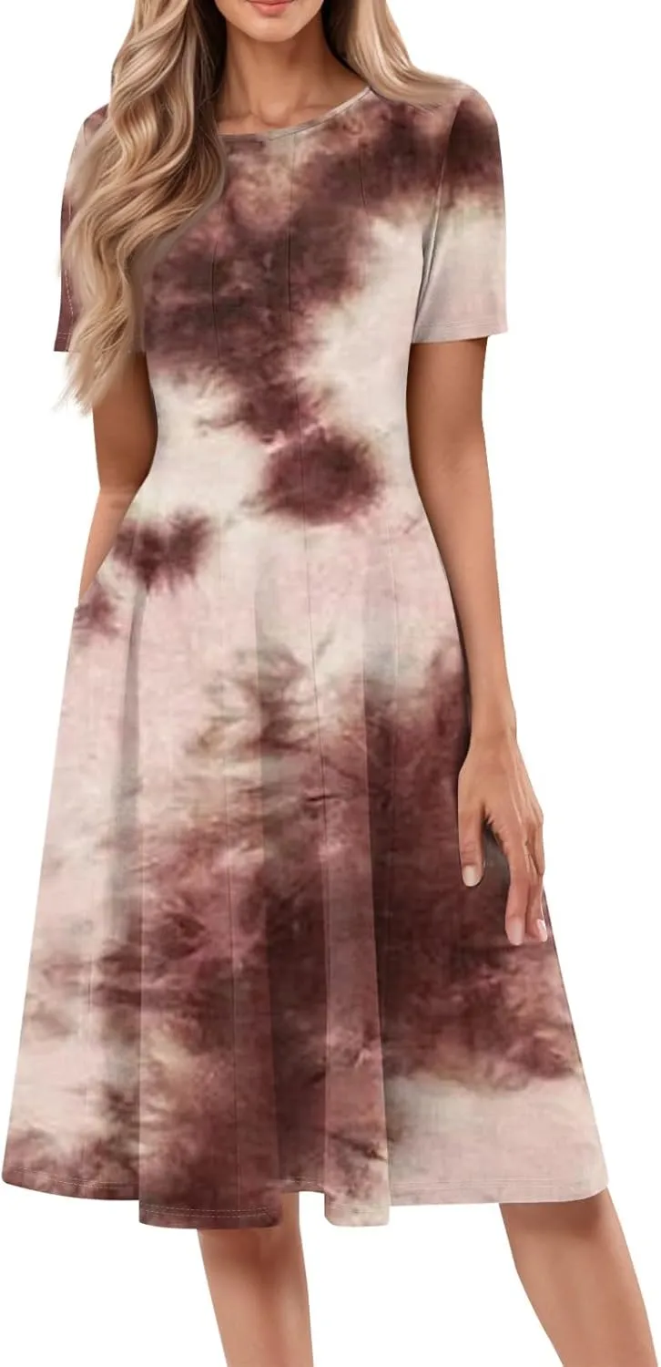 ADHOWBEW Summer Dresses for Women 2025 Vacation Cute Casual Trendy Sexy Loose Fit Beach O Neck Short Sleeve Dresses
