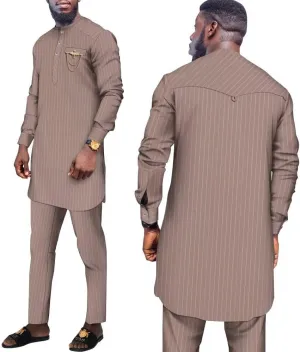African Suit for Men Traditional Stripe Blazer and Pants 2 Piece Set Business Formal Dress Suit Party Wedding Evening