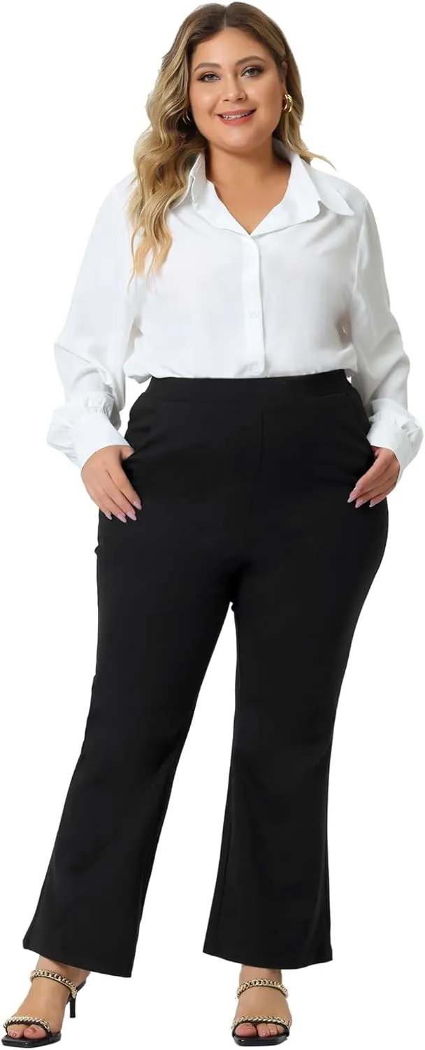 Agnes Orinda Plus Size Pants for Women Bell Bottom Flare Leg Stretchy High Waist with Pockets Long Pants