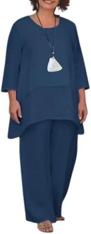 Akivide Women Long Sleeve 2 Piece Outfit Linen Asymmetrical Top Wide Leg Pant Suit Beach Two Piece Set with Pocket