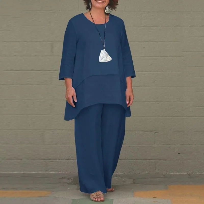 Akivide Women Long Sleeve 2 Piece Outfit Linen Asymmetrical Top Wide Leg Pant Suit Beach Two Piece Set with Pocket