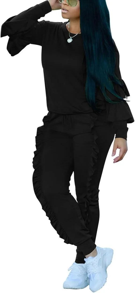 Akmipoem Women's Two Piece Outfits Ruffle Sleeve Sweatshirt and Long Pants Tracksuit Sets