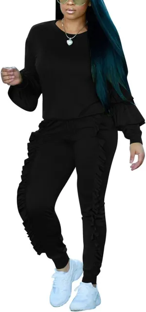 Akmipoem Women's Two Piece Outfits Ruffle Sleeve Sweatshirt and Long Pants Tracksuit Sets