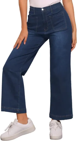 Allegra K Wide Leg Jeans for Women's High Waisted Stretchy Straight Leg Jeans Buttoned Loose Denim Pants