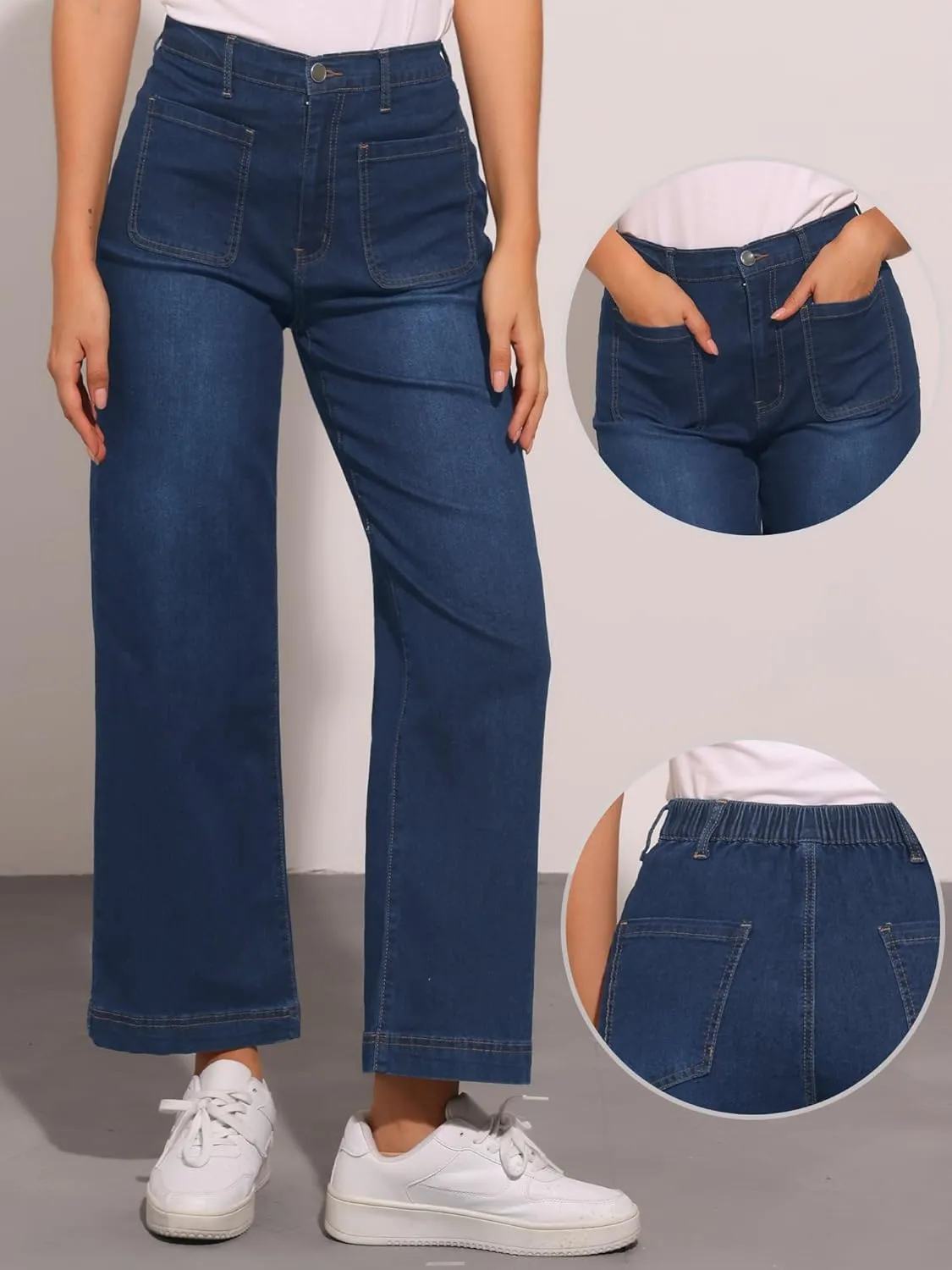 Allegra K Wide Leg Jeans for Women's High Waisted Stretchy Straight Leg Jeans Buttoned Loose Denim Pants