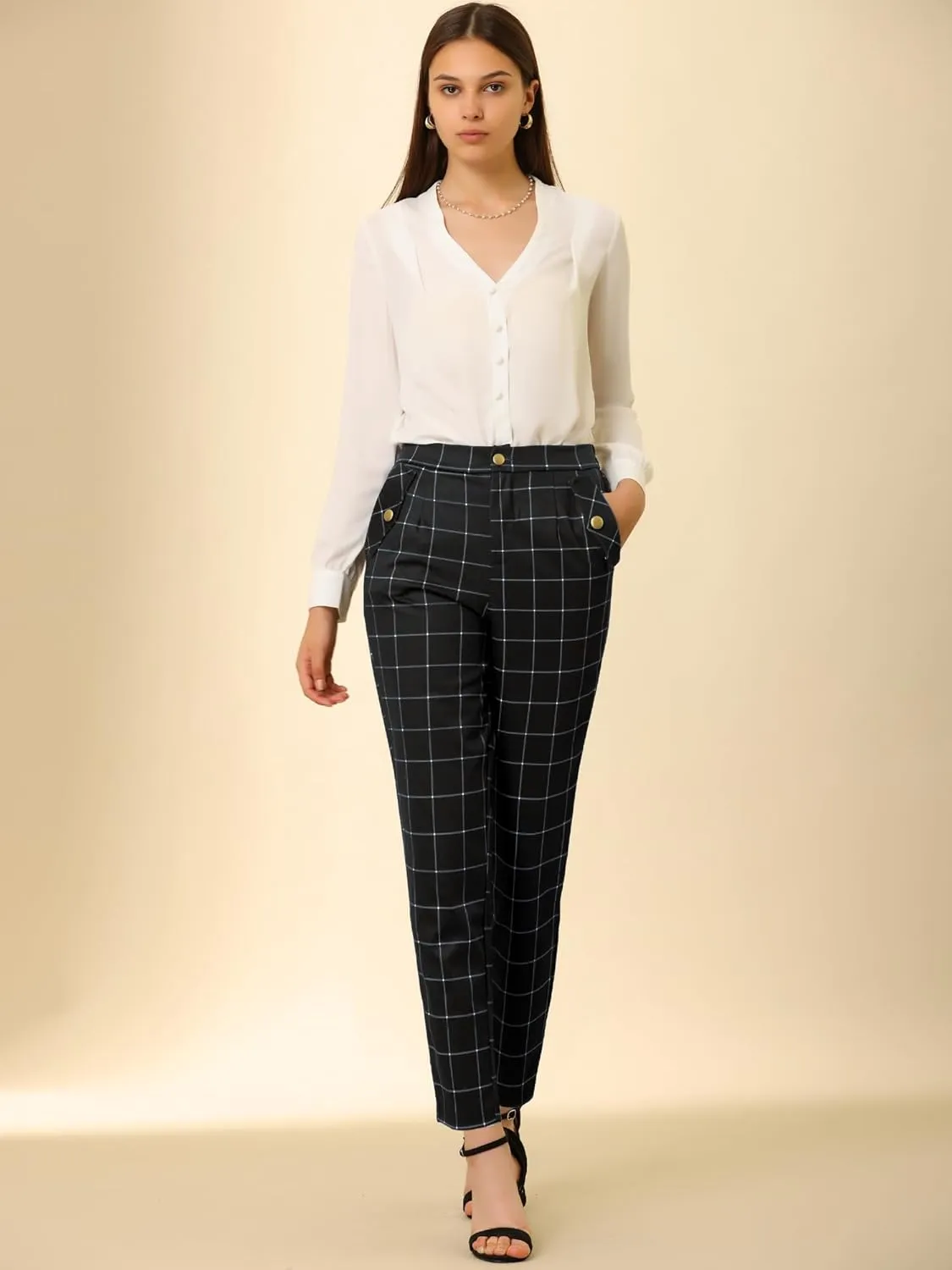 Allegra K Women's Vintage Tartan Plaid Pants Elastic Waist Straight Long Trousers
