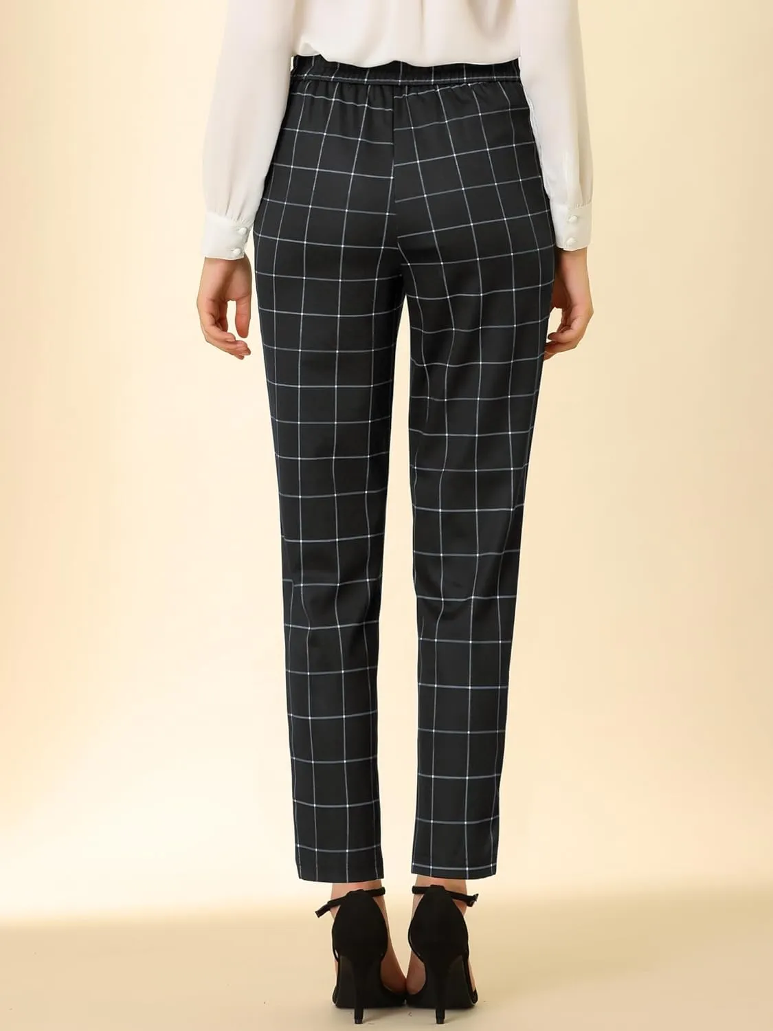 Allegra K Women's Vintage Tartan Plaid Pants Elastic Waist Straight Long Trousers
