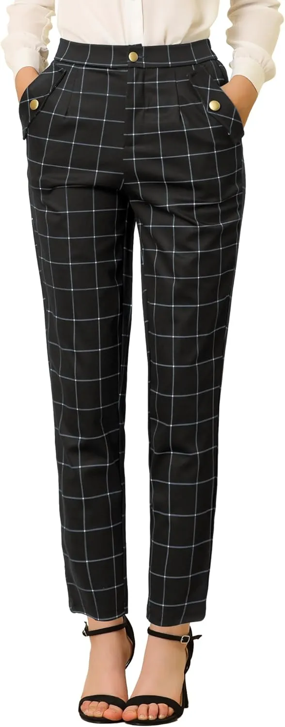 Allegra K Women's Vintage Tartan Plaid Pants Elastic Waist Straight Long Trousers
