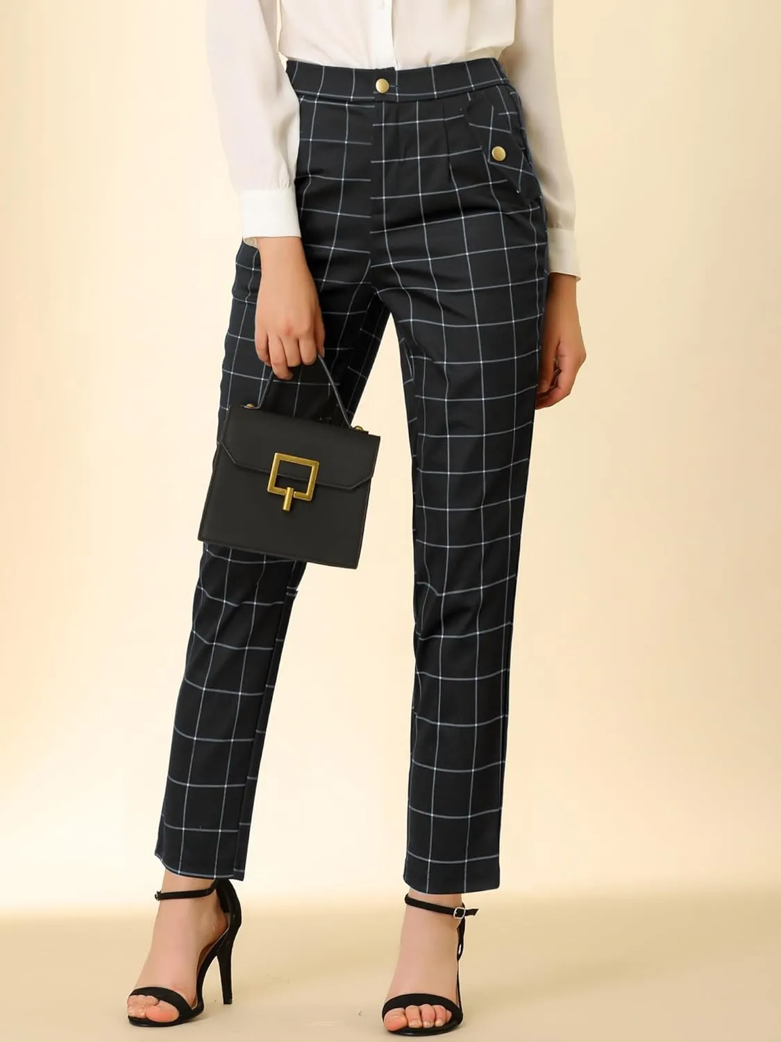 Allegra K Women's Vintage Tartan Plaid Pants Elastic Waist Straight Long Trousers