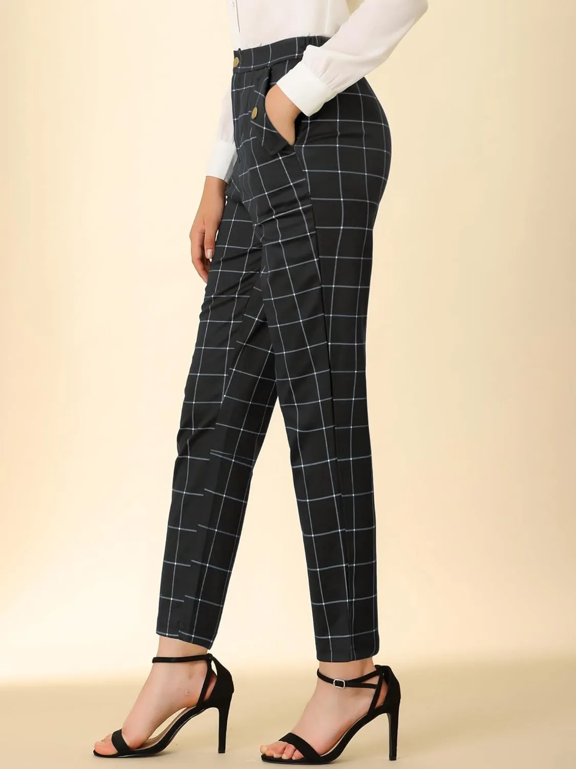 Allegra K Women's Vintage Tartan Plaid Pants Elastic Waist Straight Long Trousers