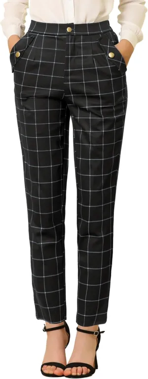 Allegra K Women's Vintage Tartan Plaid Pants Elastic Waist Straight Long Trousers