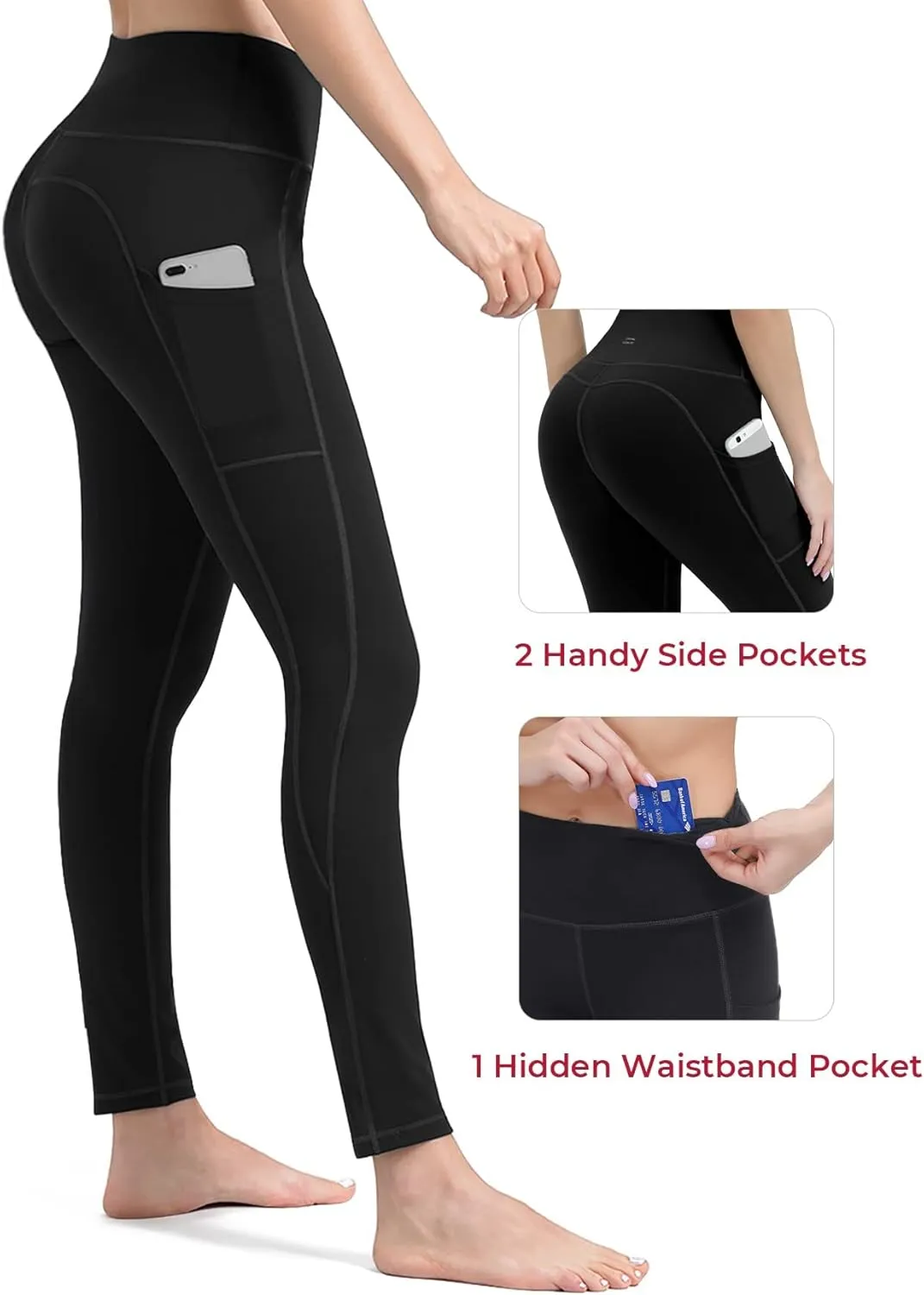 ALONG FIT Anti-Nail Leggings for Women, Non-See-Through Yoga Pants with Phone Pockets, Tummy Control Full-Length/Capri Tights
