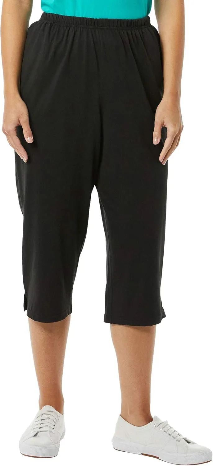 AmeriMark Womens Capri Pants - Full Elastic Waist Pedal Pushers - Ladies 100% Cotton Pull-On Cropped Pants - Side Pockets