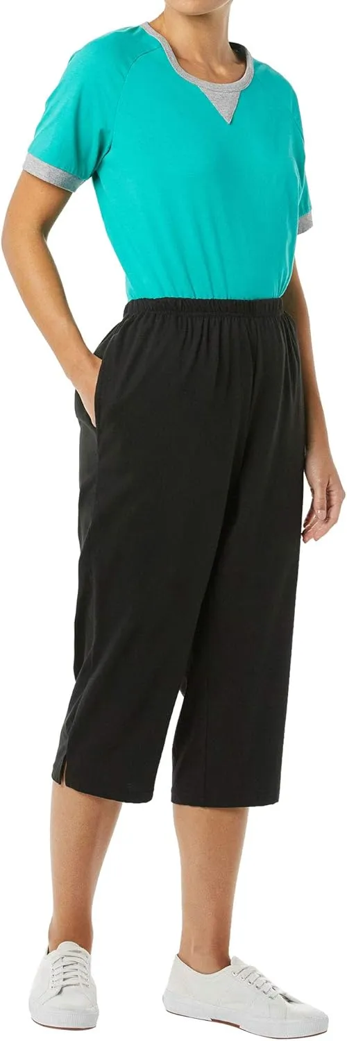 AmeriMark Womens Capri Pants - Full Elastic Waist Pedal Pushers - Ladies 100% Cotton Pull-On Cropped Pants - Side Pockets