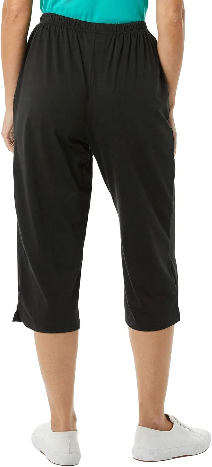 AmeriMark Womens Capri Pants - Full Elastic Waist Pedal Pushers - Ladies 100% Cotton Pull-On Cropped Pants - Side Pockets
