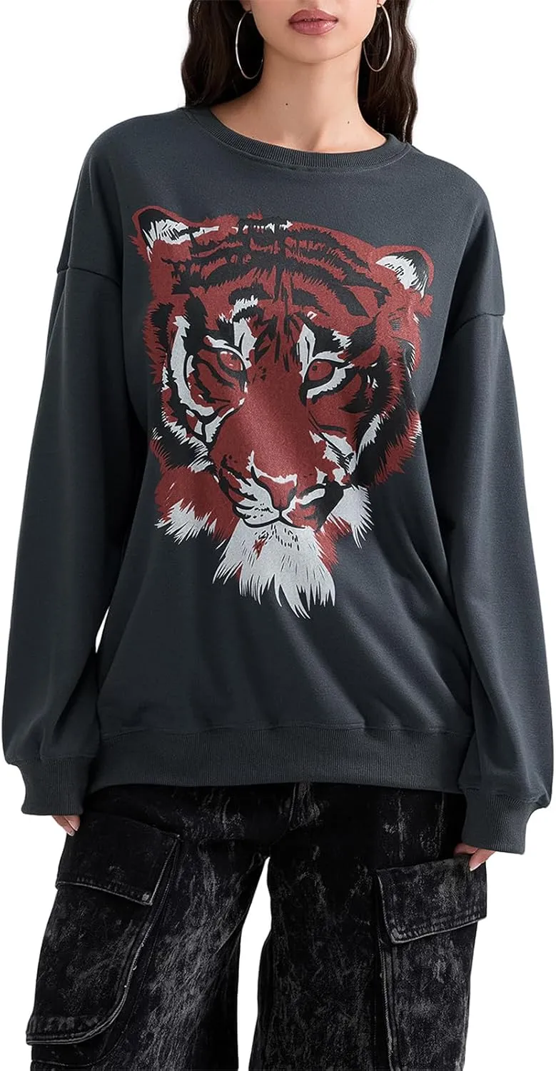 Amiblvowa Women Graphic Oversized Sweatshirt Y2K Long Sleeve Crew Neck Baggy Pullover Sweatshirt Teens Retro Aesthetic Hoodie
