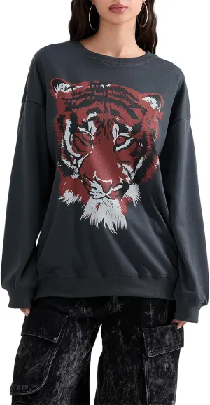 Amiblvowa Women Graphic Oversized Sweatshirt Y2K Long Sleeve Crew Neck Baggy Pullover Sweatshirt Teens Retro Aesthetic Hoodie