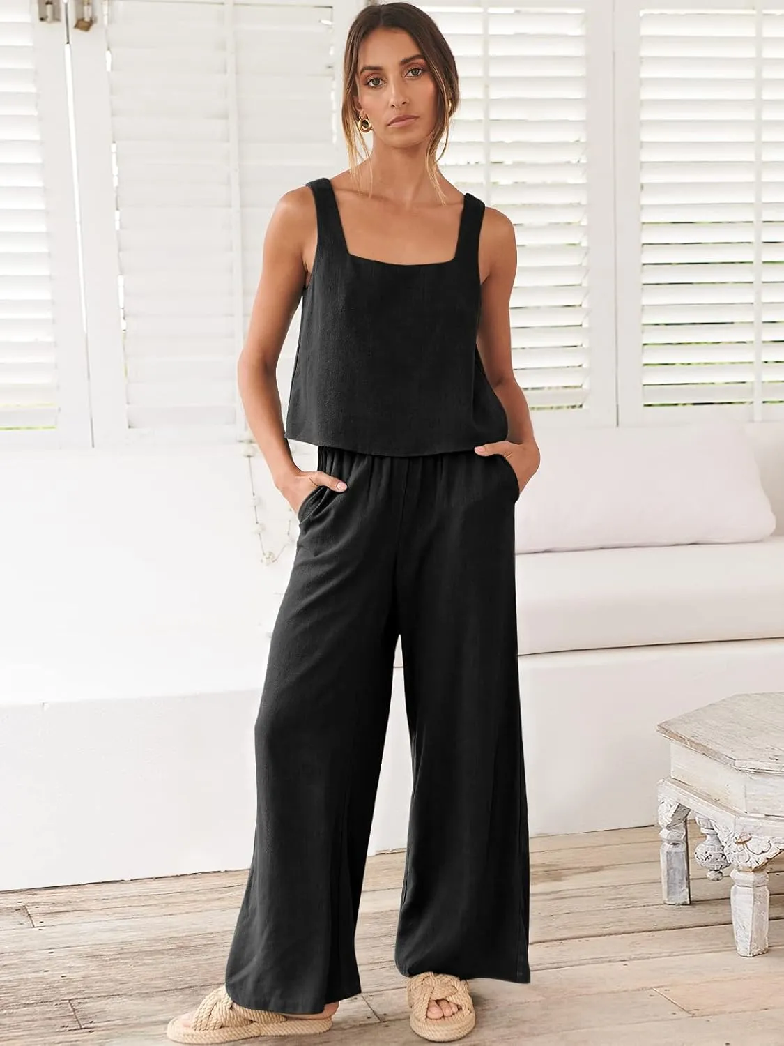 ANRABESS Women's 2 Piece Outfits Linen Pants Jumpsuit Matching Lounge Set Casual Summer Beach Vacation Trendy Clothes
