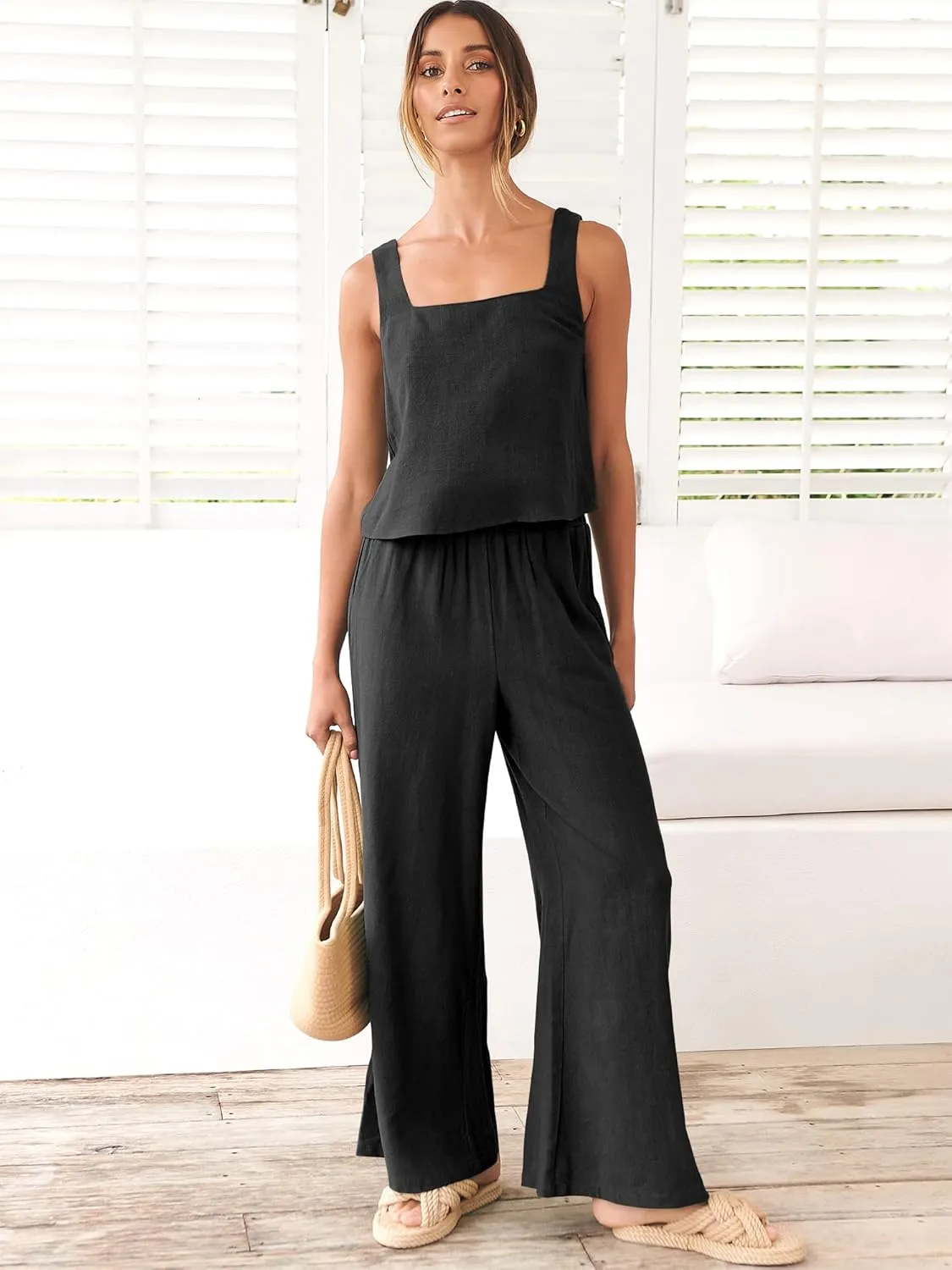 ANRABESS Women's 2 Piece Outfits Linen Pants Jumpsuit Matching Lounge Set Casual Summer Beach Vacation Trendy Clothes