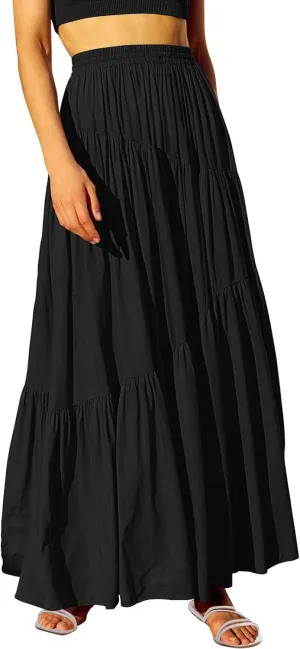 ANRABESS Womens Boho Elastic High Waist Pleated A-Line Flowy Swing Asymmetric Tiered Maxi Long Skirt Dress with Pockets