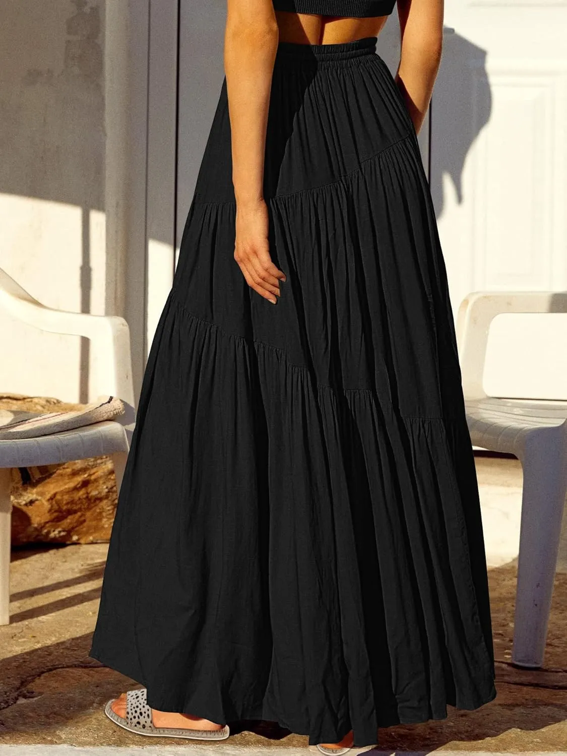 ANRABESS Womens Boho Elastic High Waist Pleated A-Line Flowy Swing Asymmetric Tiered Maxi Long Skirt Dress with Pockets
