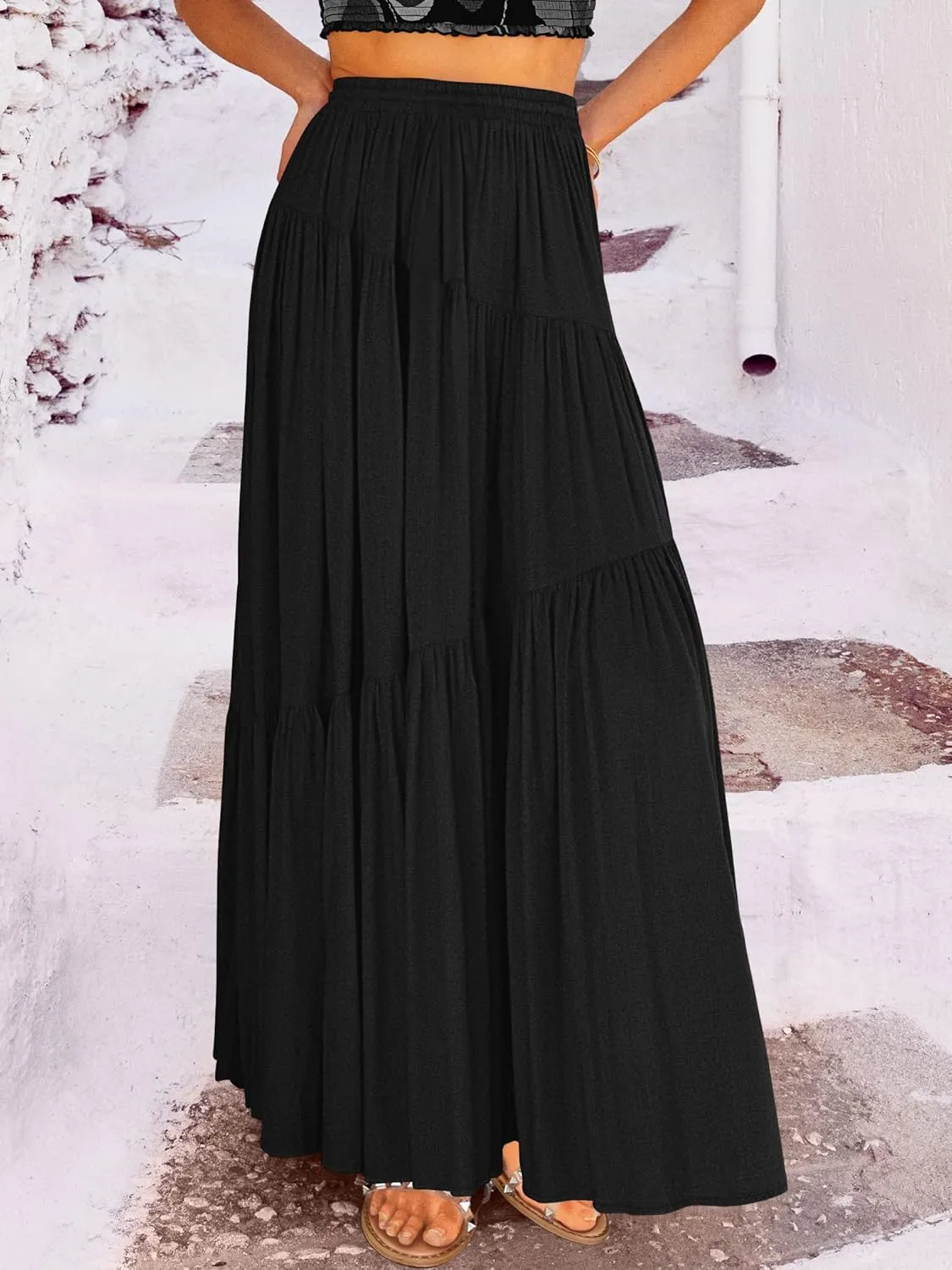 ANRABESS Womens Boho Elastic High Waist Pleated A-Line Flowy Swing Asymmetric Tiered Maxi Long Skirt Dress with Pockets