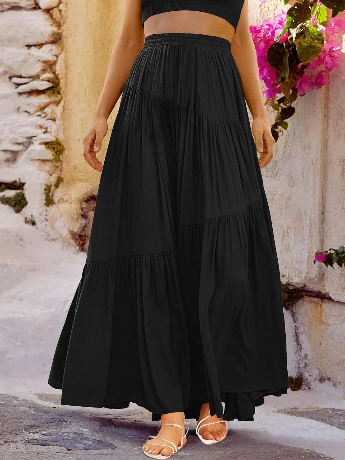 ANRABESS Womens Boho Elastic High Waist Pleated A-Line Flowy Swing Asymmetric Tiered Maxi Long Skirt Dress with Pockets