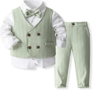 Baby Boys' 4-Piece Gentleman Suit Set with Shirt, Vest, Bowtie and Pants Outfits