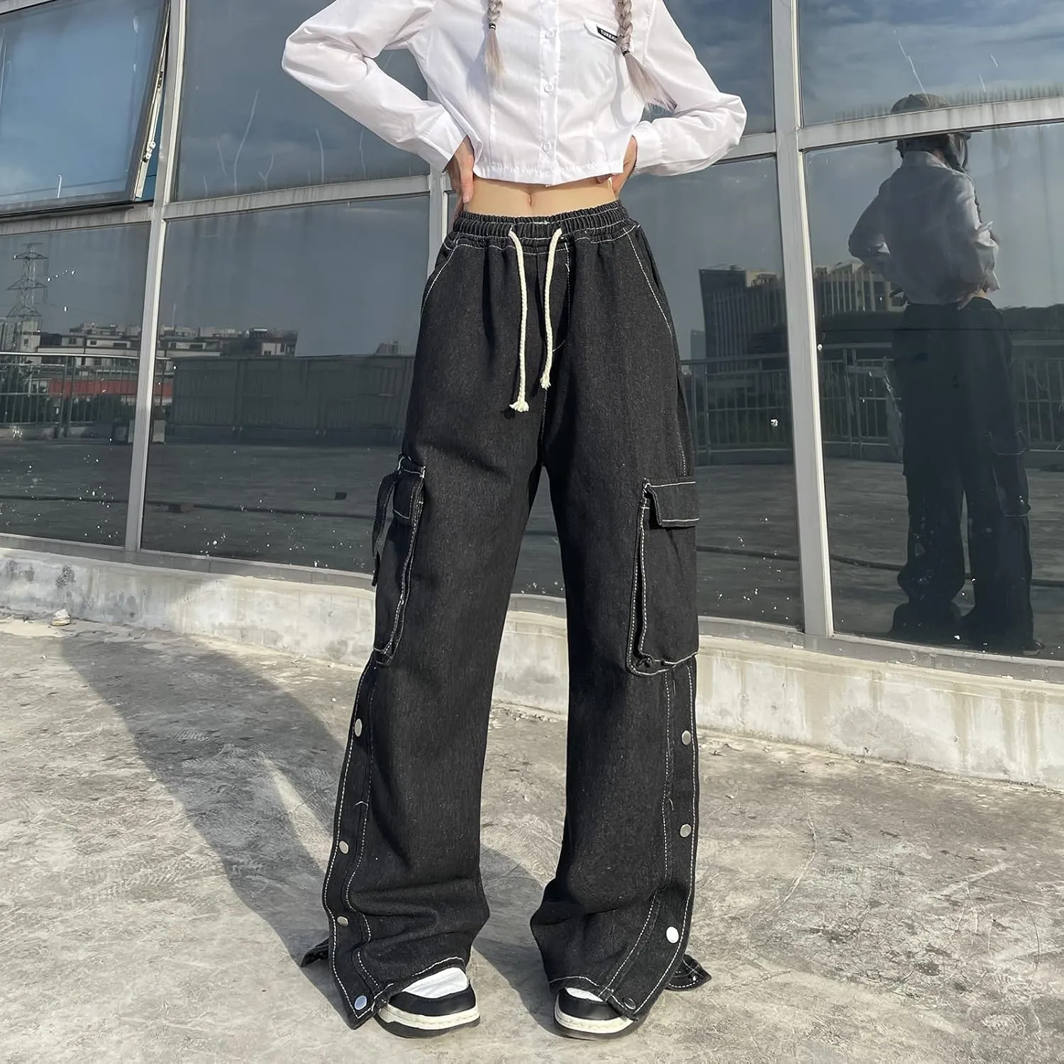 Baggy Jeans for Women High Waist Y2K Boyfriend Casual Loose Wide Leg Drawstring Cargo Pants with Pockets