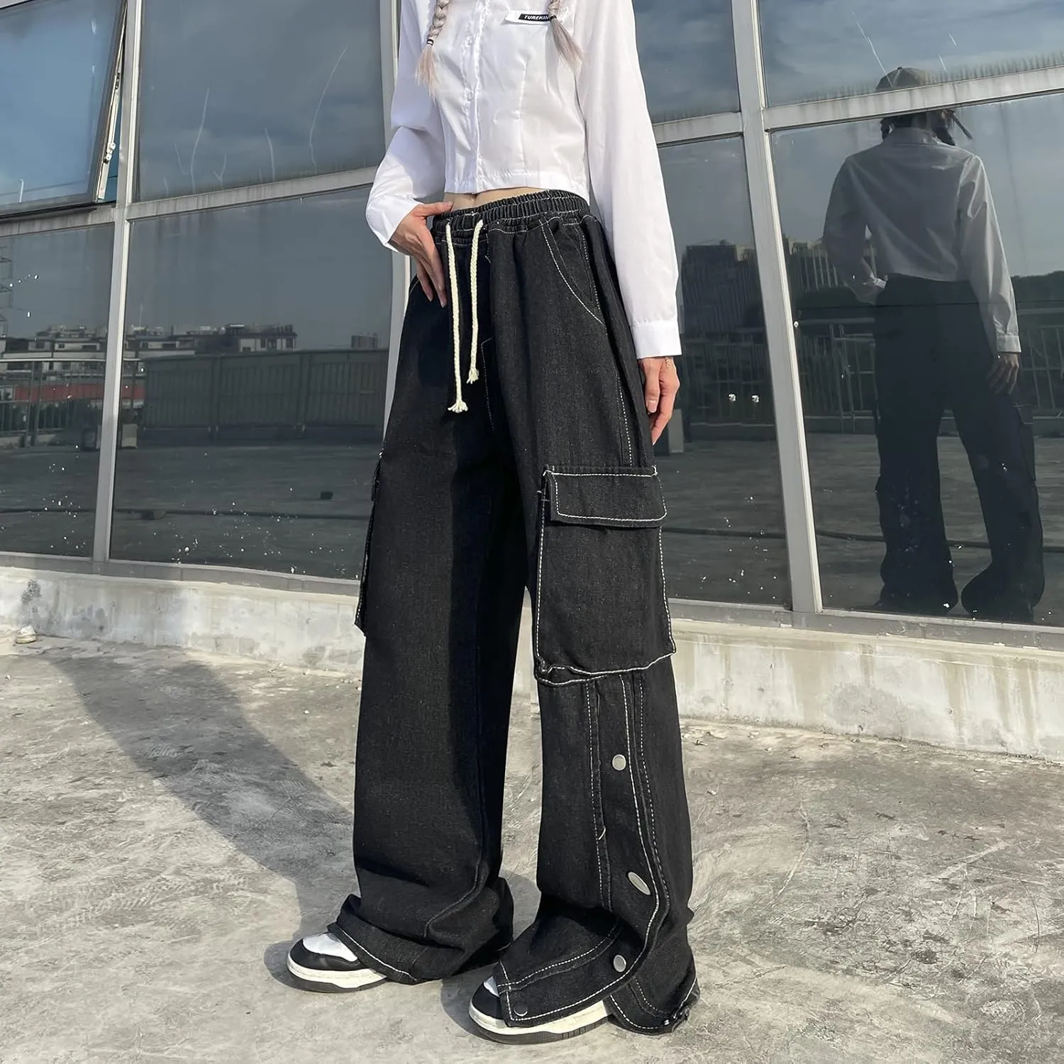 Baggy Jeans for Women High Waist Y2K Boyfriend Casual Loose Wide Leg Drawstring Cargo Pants with Pockets