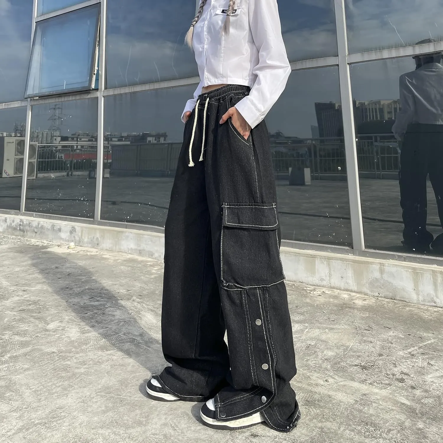 Baggy Jeans for Women High Waist Y2K Boyfriend Casual Loose Wide Leg Drawstring Cargo Pants with Pockets